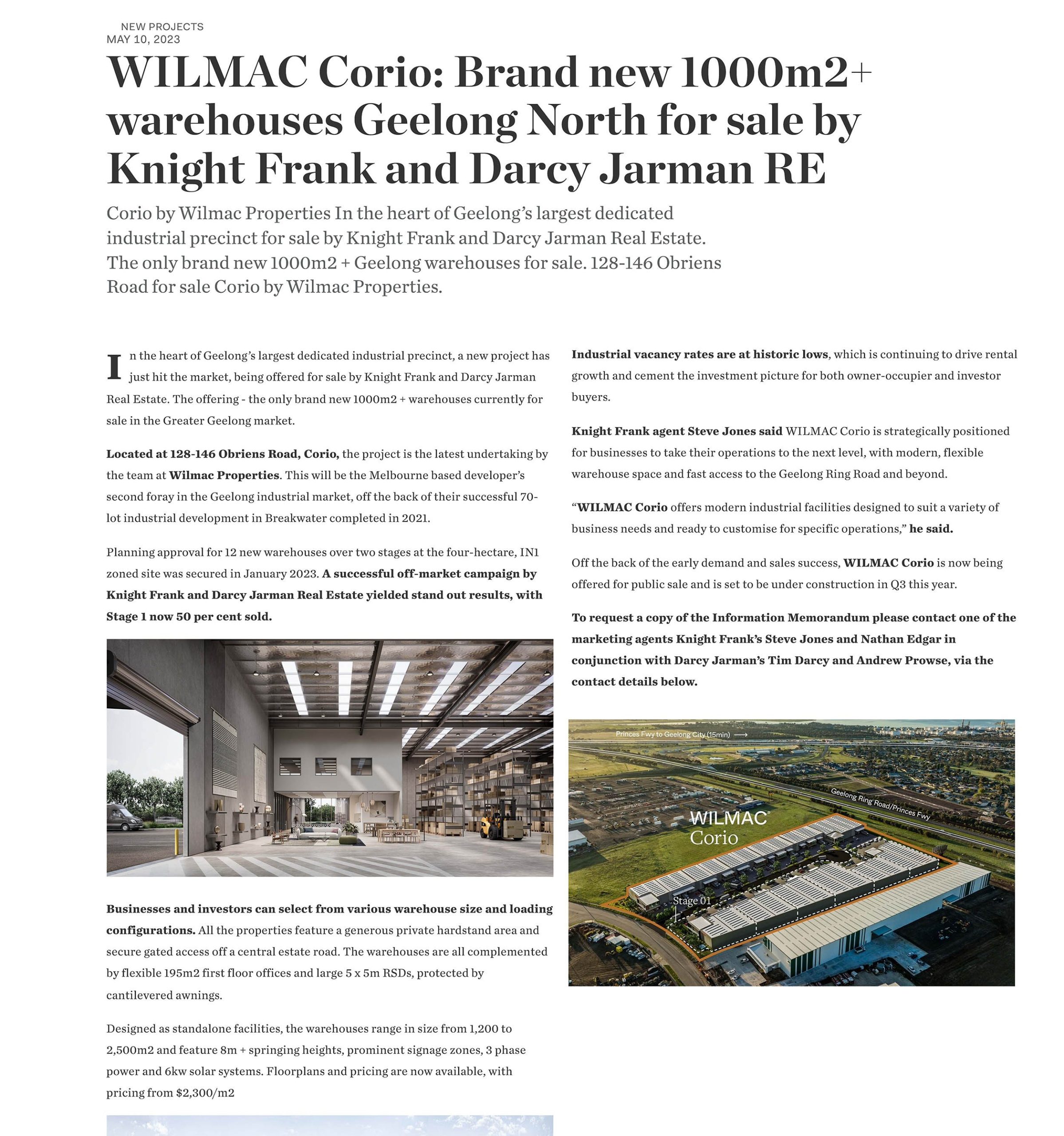 WILMAC Corio: Brand new 1000m2+ warehouses Geelong North for sale by Knight Frank and Darcy Jarman Real Estate